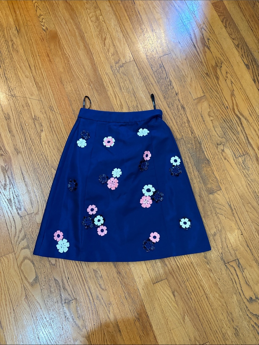Women’s Navy A-Line Skirt with Floral Appliqués